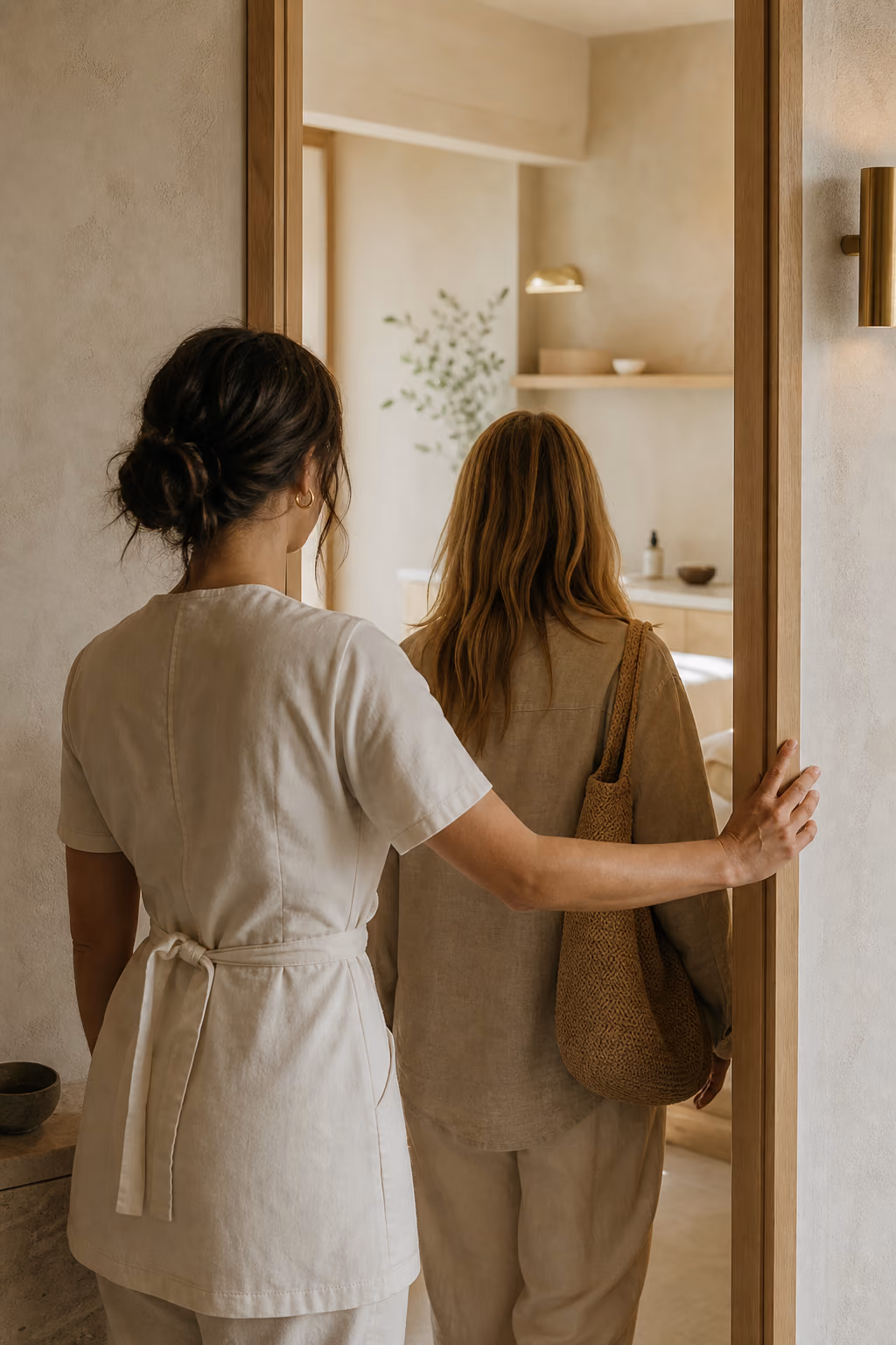 An esthetician showing a client into a treatment room.