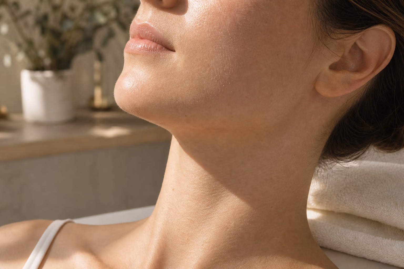 Smooth, freshly dermaplaned skin along a client's cheek and jawline.
